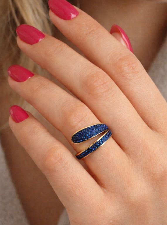 ✨ UShine.gr: Ατσάλινο wrap δαχτυλίδι με μπλε κρύσταλλα (ροζ-χρυσό) No 1327