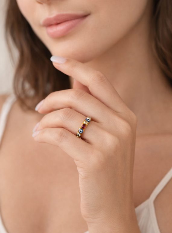 ✨ UShine.gr: Ατσάλινο δαχτυλίδι Evil Eye με πολύχρωμα κρυσταλλάκια (ροζ-χρυσό) No 1329