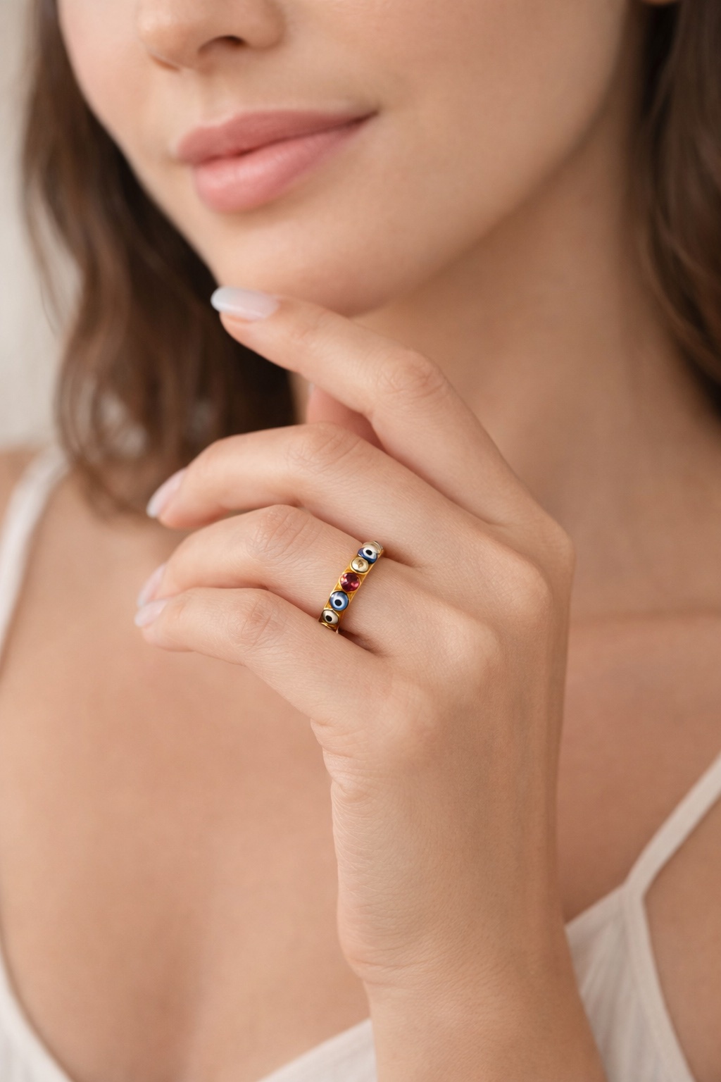 ✨ UShine.gr: Ατσάλινο δαχτυλίδι Evil Eye με πολύχρωμα κρυσταλλάκια (ροζ-χρυσό) No 1329