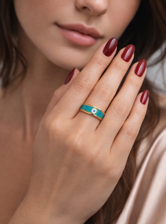 ✨ UShine.gr: Ατσάλινο statement δαχτυλίδι με τυρκουάζ σμάλτο & μάτι (χρυσό) No 1333