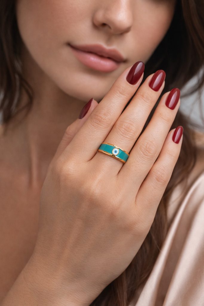 ✨ UShine.gr: Ατσάλινο statement δαχτυλίδι με τυρκουάζ σμάλτο & μάτι (χρυσό) No 1333