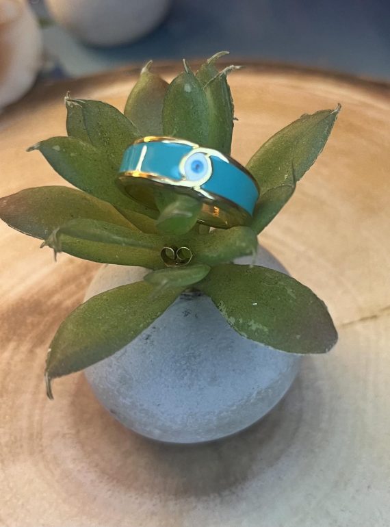 ✨ UShine.gr: Ατσάλινο statement δαχτυλίδι με τυρκουάζ σμάλτο & μάτι (χρυσό) No 1333