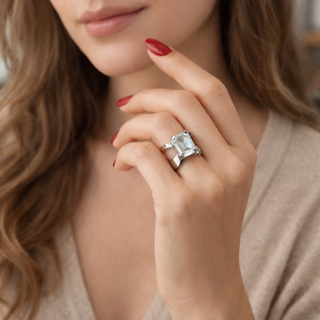 ✨ UShine.gr: Χειροποίητο statement δαχτυλίδι με emerald-cut κρύσταλλο (ασημί) No 7039