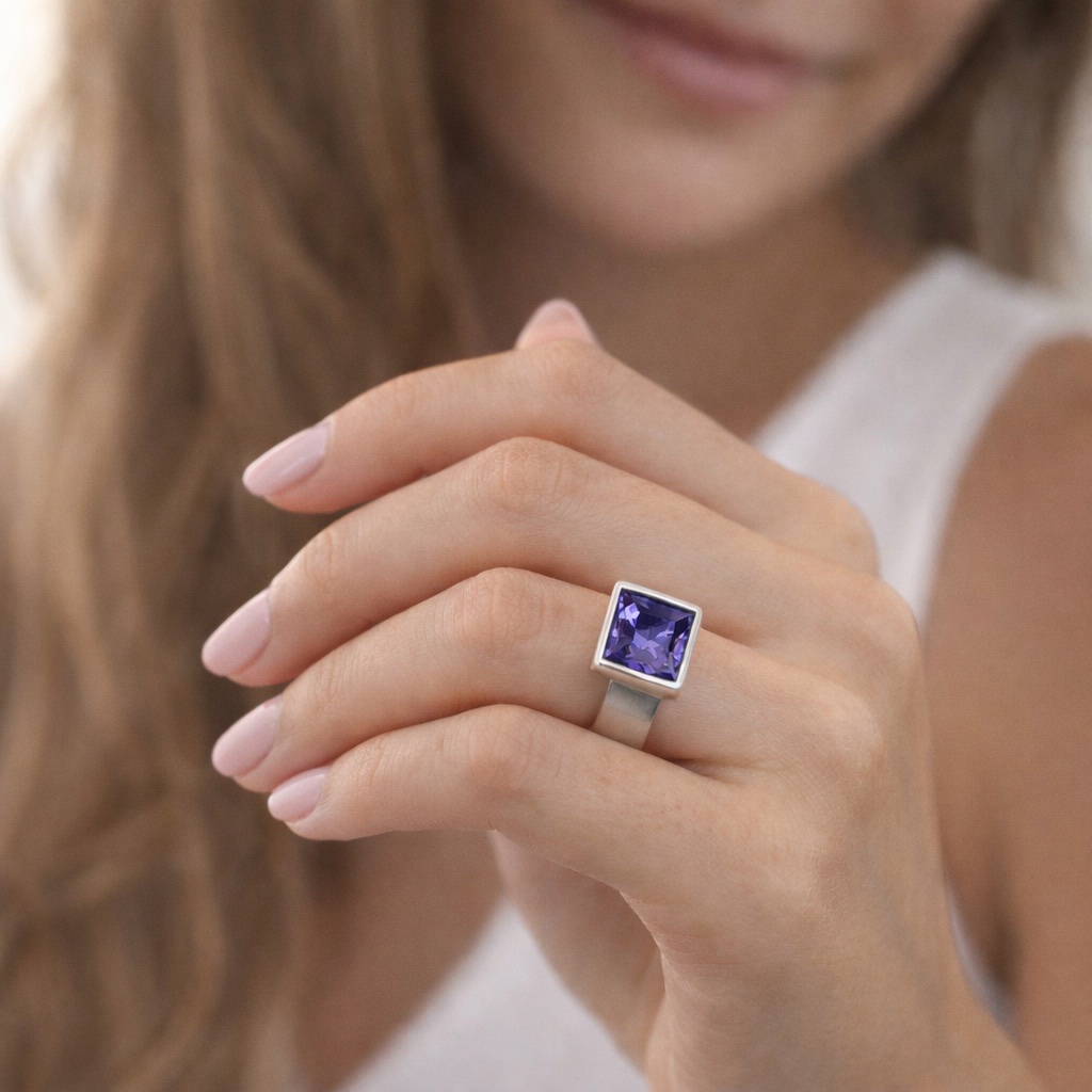 ✨ UShine.gr: Ατσάλινο statement δαχτυλίδι με τετράγωνο κρύσταλλο (μωβ) No 1360