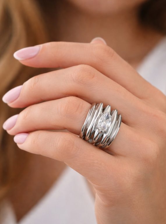 ✨ UShine.gr: Χειροποίητο Ατσάλινο statement δαχτυλίδι wide band με marquise κρύσταλλο (ασημί) No 7037