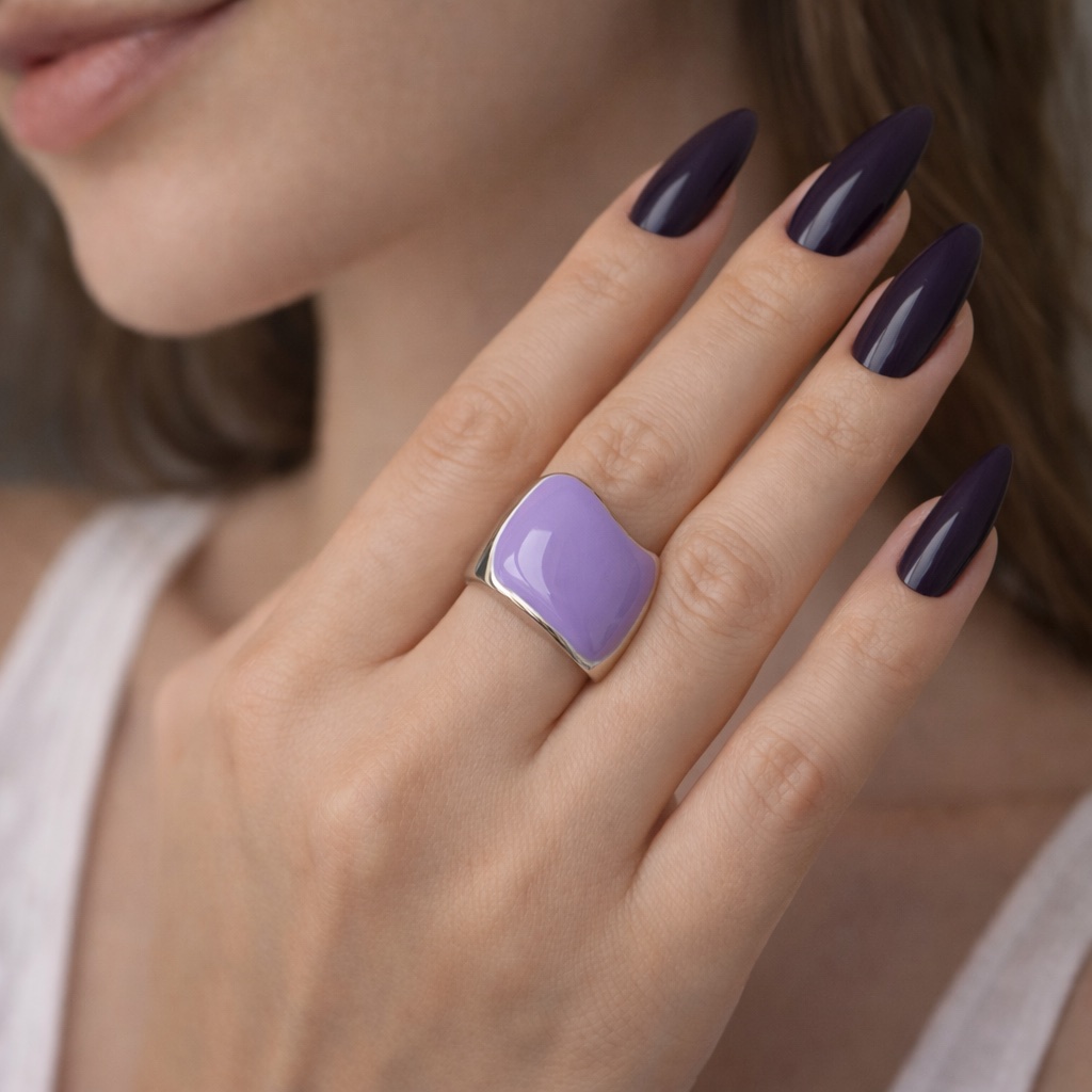 ✨ UShine.gr: Ατσάλινο statement δαχτυλίδι με glossy μωβ επιφάνεια (λιλά) No 1363