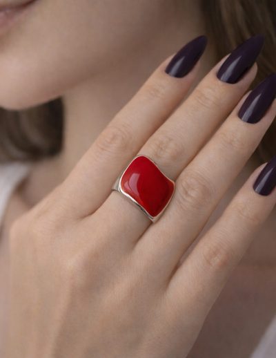 ✨ UShine.gr: Ατσάλινο statement δαχτυλίδι με κόκκινο σμάλτο (ασημί) No 1368