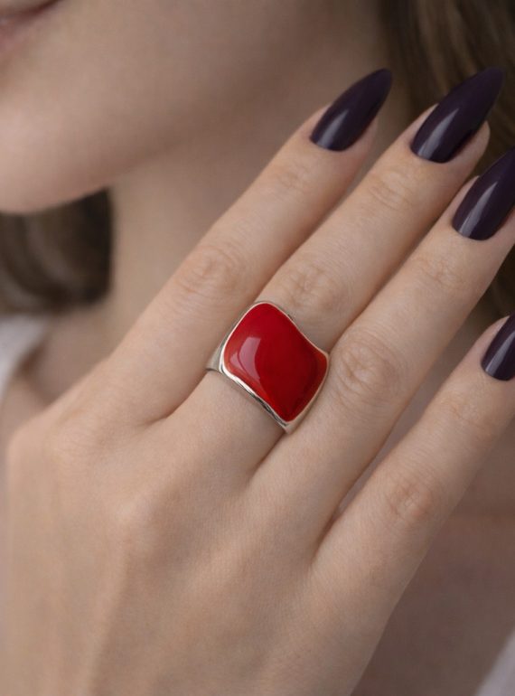 ✨ UShine.gr: Ατσάλινο statement δαχτυλίδι με κόκκινο σμάλτο (ασημί) No 1368