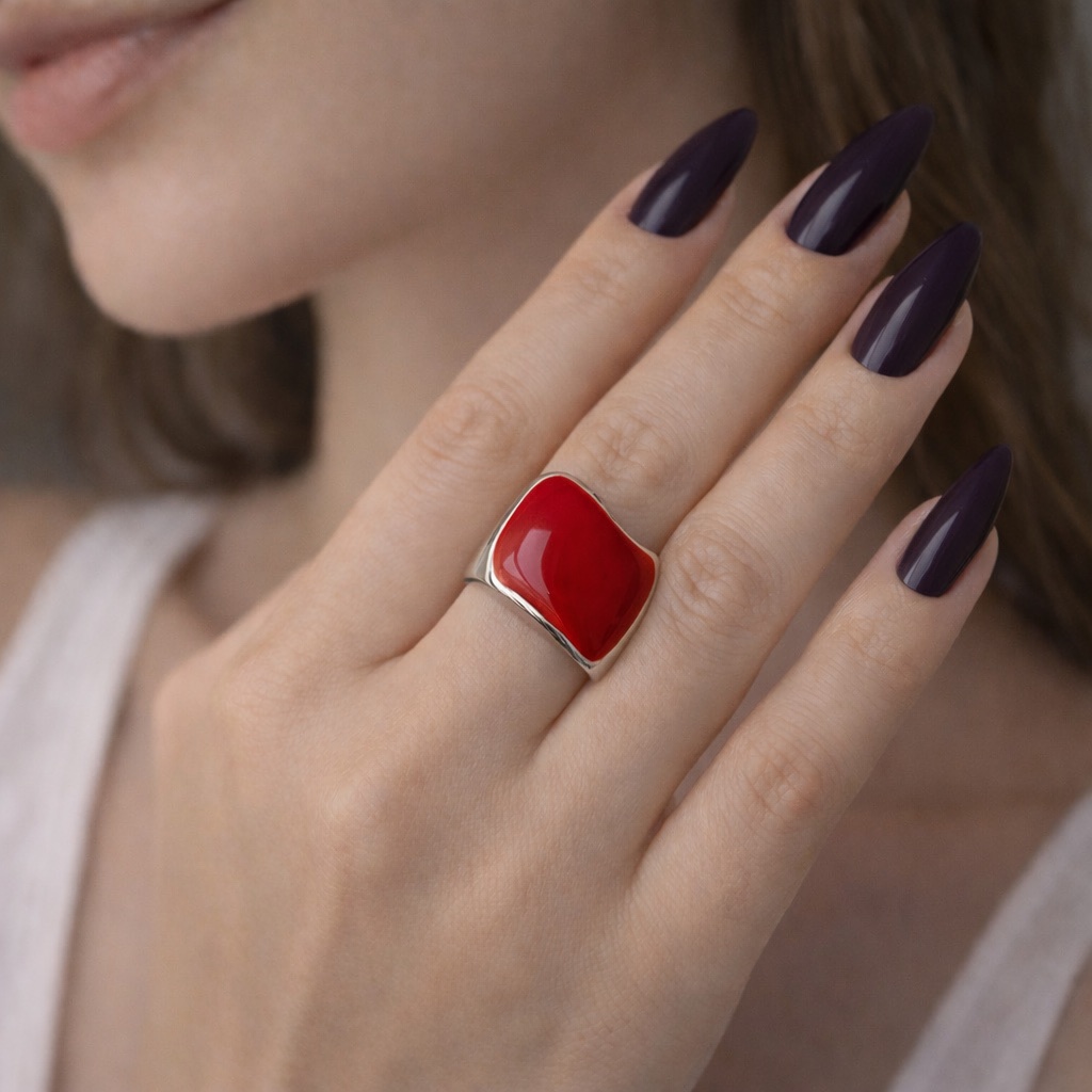 ✨ UShine.gr: Ατσάλινο statement δαχτυλίδι με κόκκινο σμάλτο (ασημί) No 1368