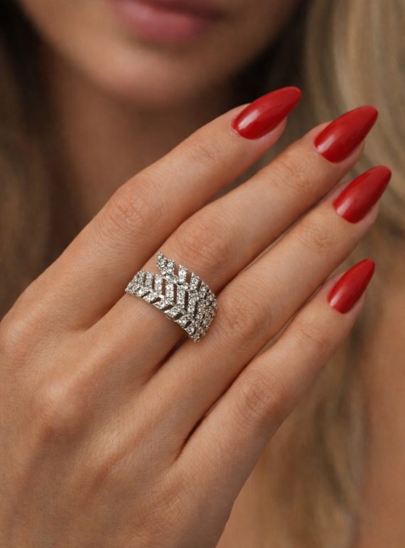 ✨ UShine.gr: Ατσάλινο statement δαχτυλίδι φύλλο με κρυστάλλινες λεπτομέρειες (ασημί) No 1370