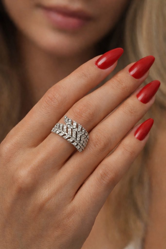 ✨ UShine.gr: Ατσάλινο statement δαχτυλίδι φύλλο με κρυστάλλινες λεπτομέρειες (ασημί) No 1370