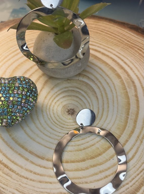 ✨ UShine.gr: Ατσάλινα σκουλαρίκια κρίκοι hammered (ασημί) No 1373