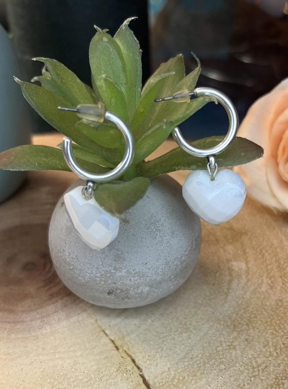 ✨ UShine.gr: Ατσάλινα σκουλαρίκια κρίκοι με καρδιά κρυστάλλου (ιριδίζον λευκό) No 1396