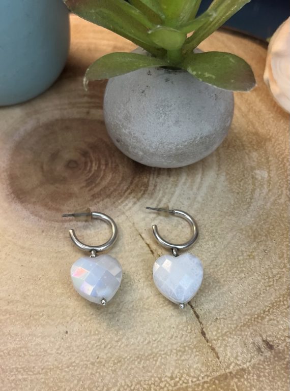 ✨ UShine.gr: Ατσάλινα σκουλαρίκια κρίκοι με καρδιά κρυστάλλου (ιριδίζον λευκό) No 1396