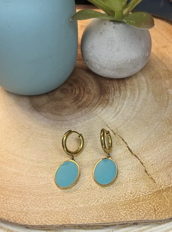 ✨ UShine.gr: Ατσάλινα σκουλαρίκια κρίκοι με τιρκουάζ οβάλ στοιχείο (χρυσό) No 1397