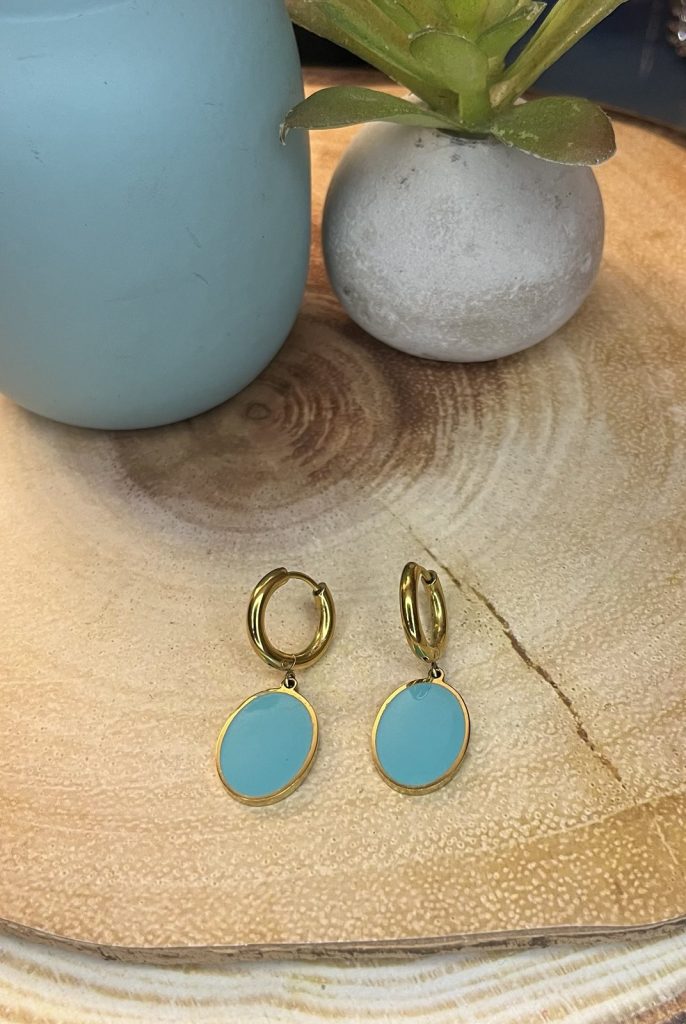 ✨ UShine.gr: Ατσάλινα σκουλαρίκια κρίκοι με τιρκουάζ οβάλ στοιχείο (χρυσό) No 1397