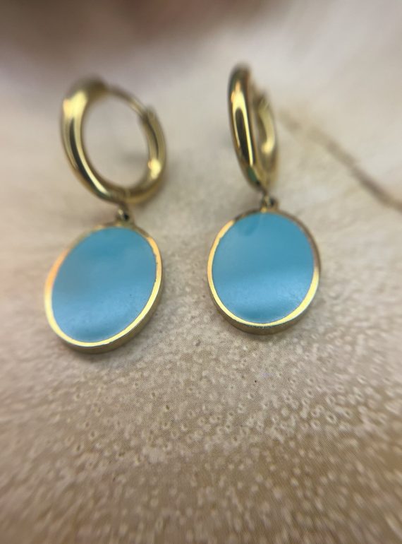 ✨ UShine.gr: Ατσάλινα σκουλαρίκια κρίκοι με τιρκουάζ οβάλ στοιχείο (χρυσό) No 1397