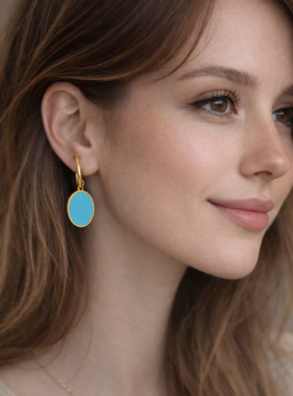 ✨ UShine.gr: Ατσάλινα σκουλαρίκια κρίκοι με τιρκουάζ οβάλ στοιχείο (χρυσό) No 1397