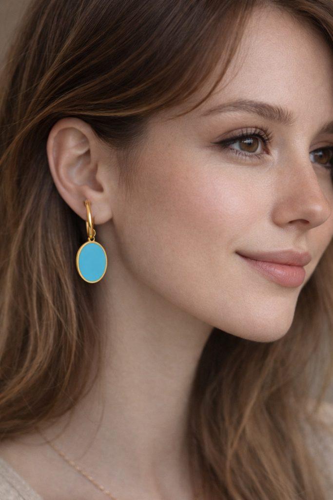 ✨ UShine.gr: Ατσάλινα σκουλαρίκια κρίκοι με τιρκουάζ οβάλ στοιχείο (χρυσό) No 1397