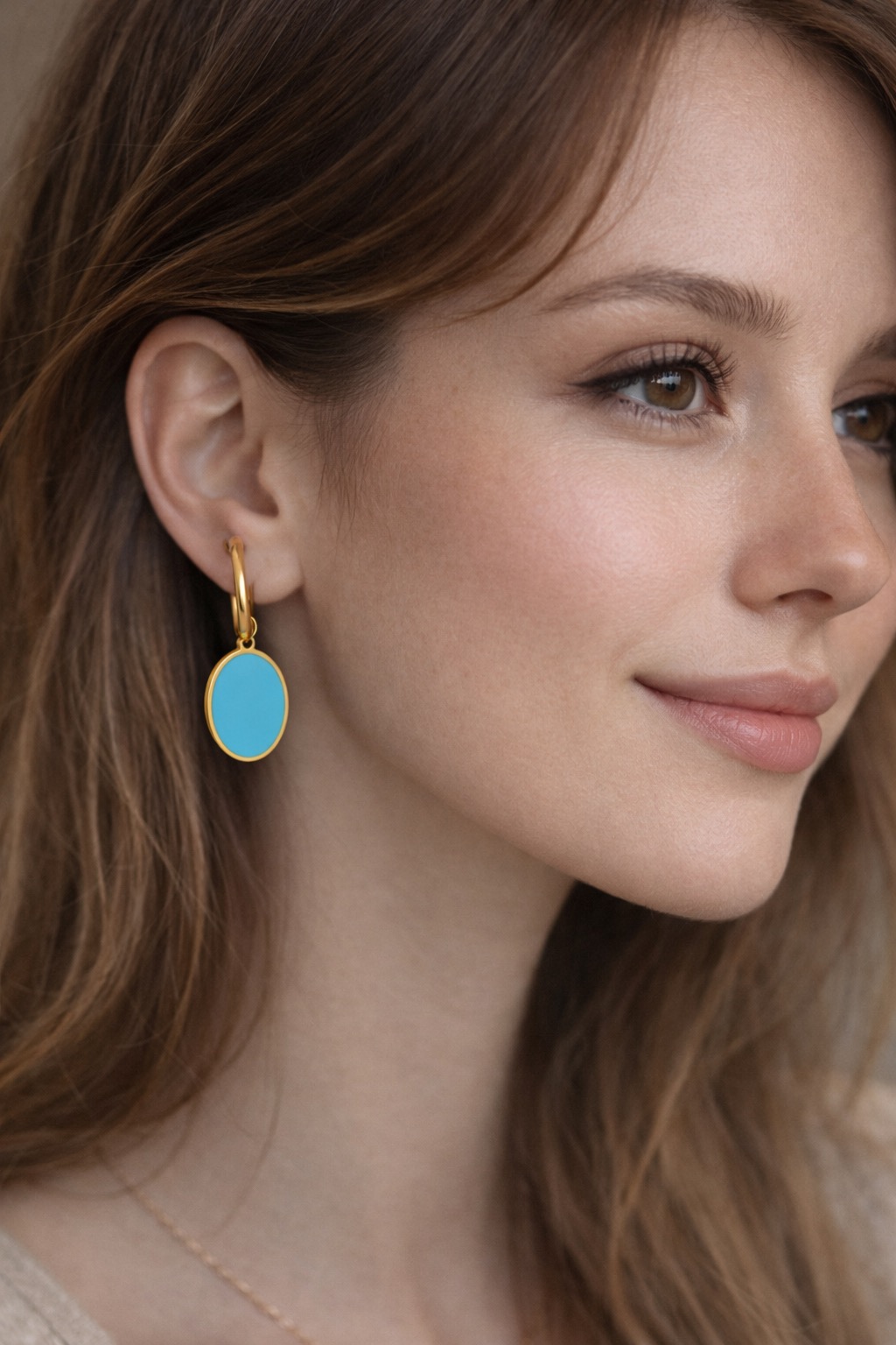 ✨ UShine.gr: Ατσάλινα σκουλαρίκια κρίκοι με τιρκουάζ οβάλ στοιχείο (χρυσό) No 1397