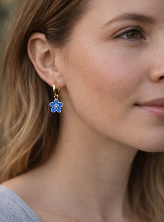 ✨ UShine.gr: Ατσάλινα σκουλαρίκια κρίκοι με μπλε λουλούδι (χρυσό) No 1398