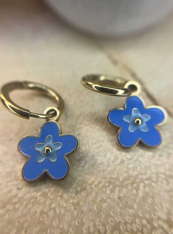 ✨ UShine.gr: Ατσάλινα σκουλαρίκια κρίκοι με μπλε λουλούδι (χρυσό) No 1398