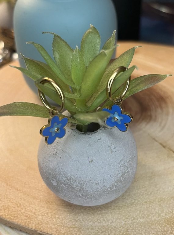 ✨ UShine.gr: Ατσάλινα σκουλαρίκια κρίκοι με μπλε λουλούδι (χρυσό) No 1398