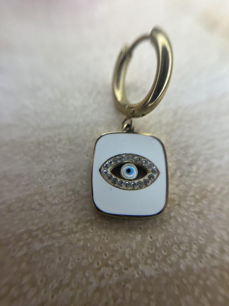 ✨ UShine.gr: Ατσάλινα σκουλαρίκια κρίκοι με ματάκι & κρυστάλλους (λευκό) No 1399