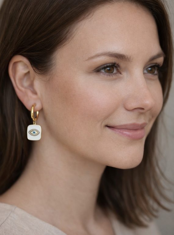 ✨ UShine.gr: Ατσάλινα σκουλαρίκια κρίκοι με ματάκι & κρυστάλλους (λευκό) No 1399