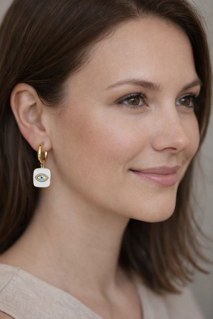 ✨ UShine.gr: Ατσάλινα σκουλαρίκια κρίκοι με ματάκι & κρυστάλλους (λευκό) No 1399