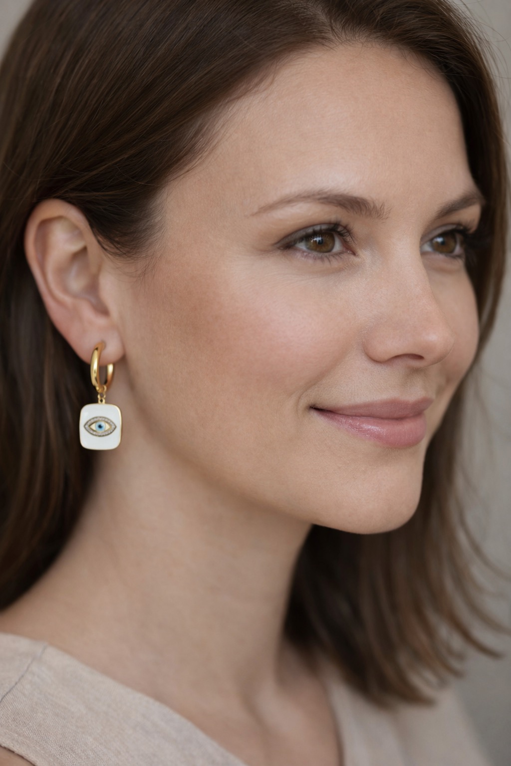 ✨ UShine.gr: Ατσάλινα σκουλαρίκια κρίκοι με ματάκι & κρυστάλλους (λευκό) No 1399