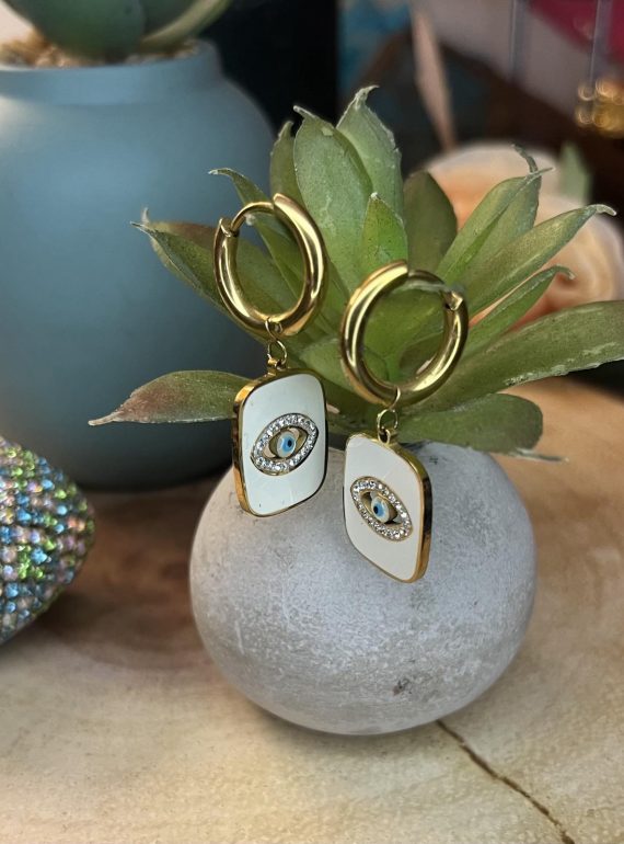 ✨ UShine.gr: Ατσάλινα σκουλαρίκια κρίκοι με ματάκι & κρυστάλλους (λευκό) No 1399