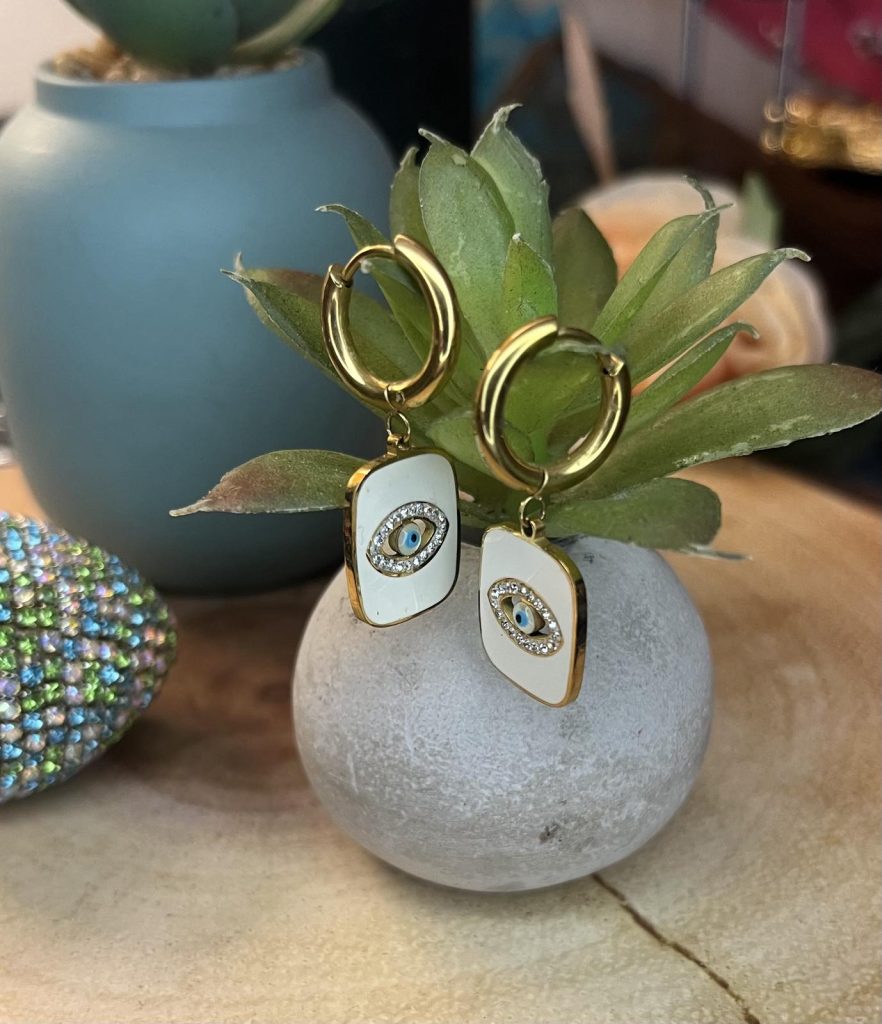 ✨ UShine.gr: Ατσάλινα σκουλαρίκια κρίκοι με ματάκι & κρυστάλλους (λευκό) No 1399