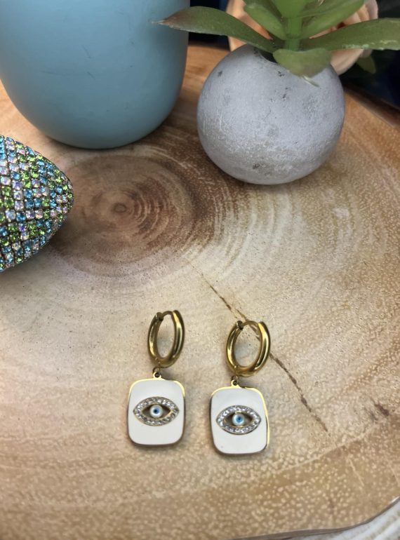 ✨ UShine.gr: Ατσάλινα σκουλαρίκια κρίκοι με ματάκι & κρυστάλλους (λευκό) No 1399