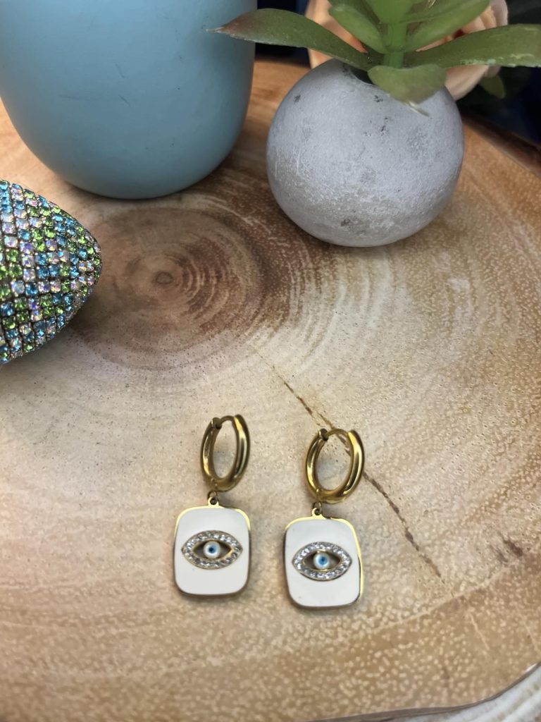 ✨ UShine.gr: Ατσάλινα σκουλαρίκια κρίκοι με ματάκι & κρυστάλλους (λευκό) No 1399