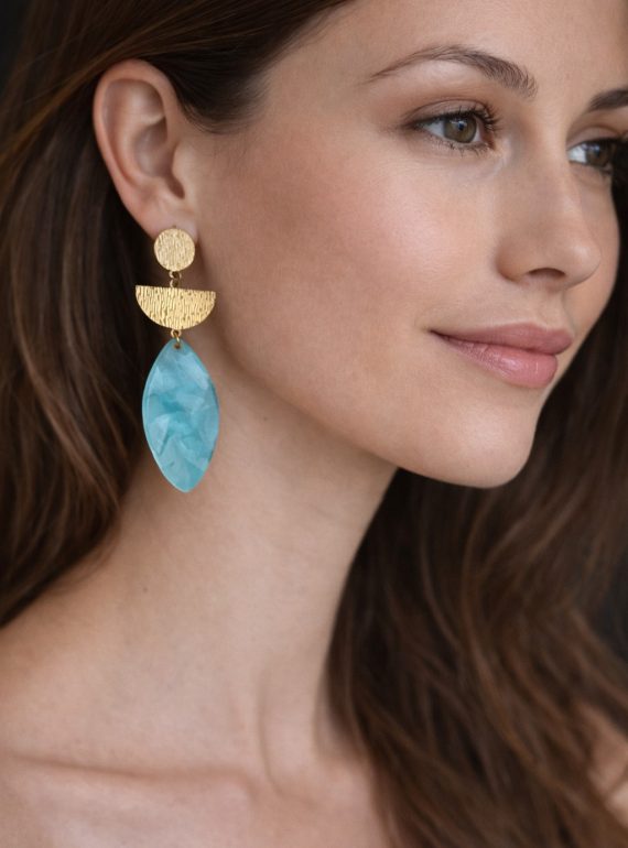 ✨ UShine.gr: Ατσάλινα σκουλαρίκια γεωμετρικά με τιρκουάζ πέτρα & χρυσή υφή No 1406