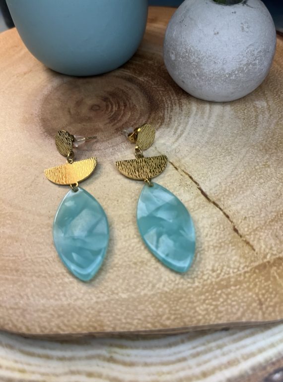 ✨ UShine.gr: Ατσάλινα σκουλαρίκια γεωμετρικά με τιρκουάζ πέτρα & χρυσή υφή No 1406