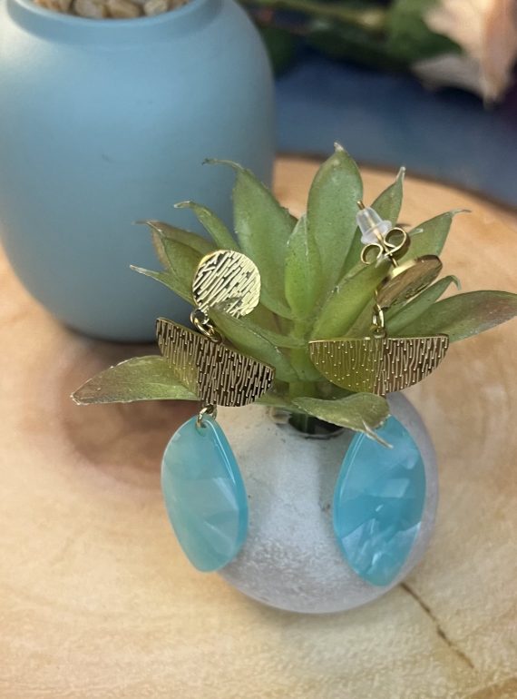 ✨ UShine.gr: Ατσάλινα σκουλαρίκια γεωμετρικά με τιρκουάζ πέτρα & χρυσή υφή No 1406