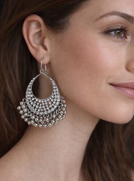 ✨ UShine.gr: Ατσάλινα σκουλαρίκια boho crescent με κρύσταλλα & μεταλλικές μπίλιες (ασημί) No 1407