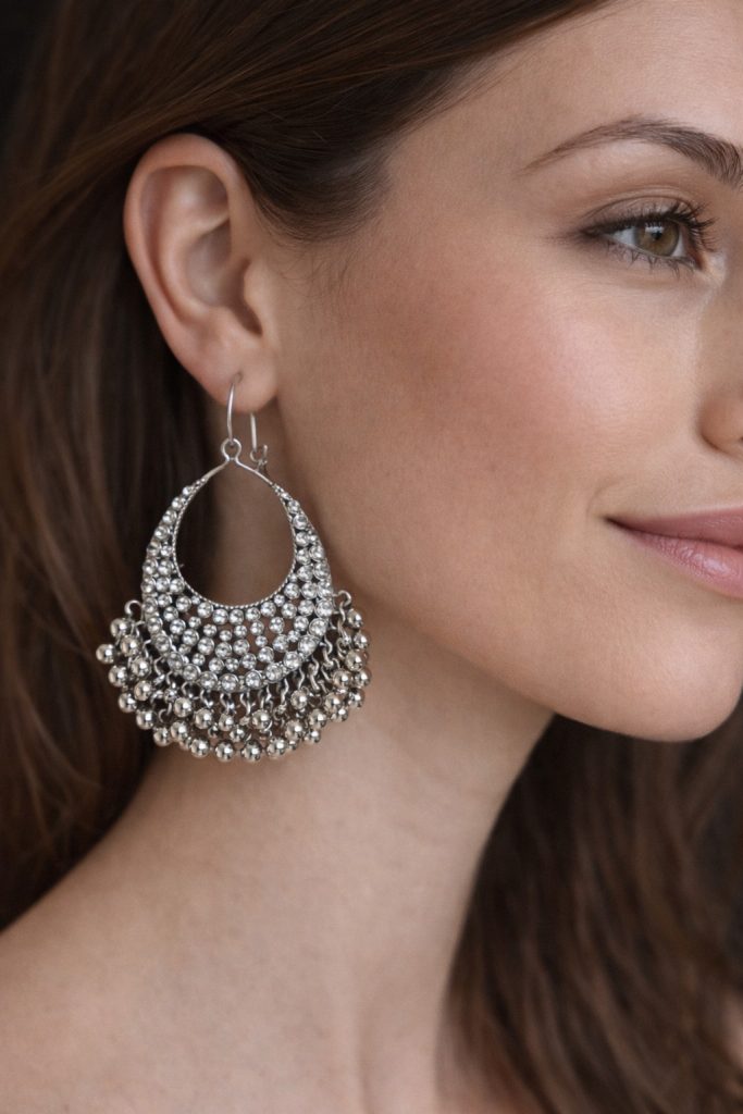 ✨ UShine.gr: Ατσάλινα σκουλαρίκια boho crescent με κρύσταλλα & μεταλλικές μπίλιες (ασημί) No 1407