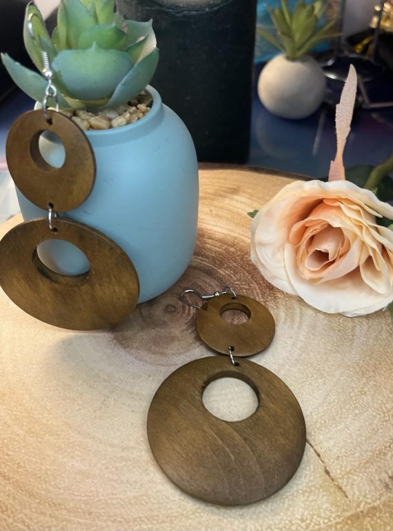✨ UShine.gr: Ξύλινα σκουλαρίκια boho διπλού κύκλου με φυσική υφή No 1409