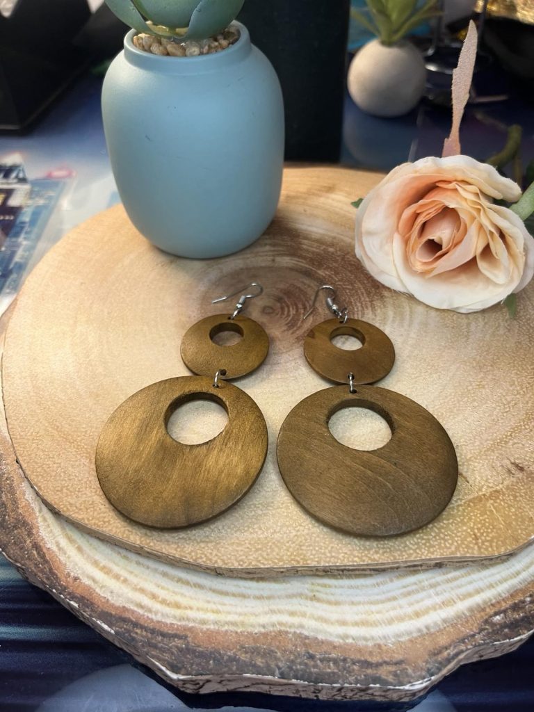 ✨ UShine.gr: Ξύλινα σκουλαρίκια boho διπλού κύκλου με φυσική υφή No 1409