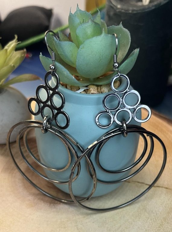 ✨ UShine.gr: Ατσάλινα σκουλαρίκια γεωμετρικά με πολλαπλούς κρίκους (ασημί) No 1410