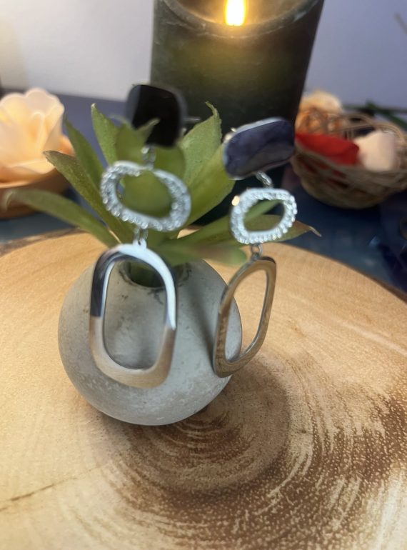 ✨ UShine.gr: Ατσάλινα σκουλαρίκια γεωμετρικά με κρύσταλλα & οβάλ κρίκο (ασημί) No 1417