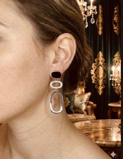 ✨ UShine.gr: Ατσάλινα σκουλαρίκια γεωμετρικά με κρύσταλλα & οβάλ κρίκο (ασημί) No 1417