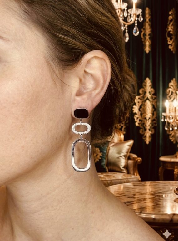 ✨ UShine.gr: Ατσάλινα σκουλαρίκια γεωμετρικά με κρύσταλλα & οβάλ κρίκο (ασημί) No 1417