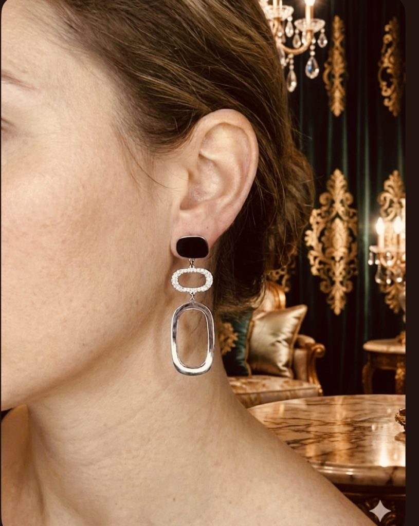 ✨ UShine.gr: Ατσάλινα σκουλαρίκια γεωμετρικά με κρύσταλλα & οβάλ κρίκο (ασημί) No 1417