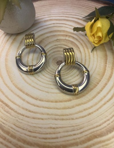 ✨ UShine.gr: Ατσάλινα σκουλαρίκια κρίκοι δίχρωμοι με χρυσές λεπτομέρειες (ασημί & χρυσό) No 1422