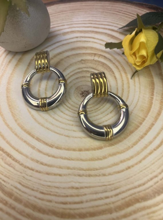 ✨ UShine.gr: Ατσάλινα σκουλαρίκια κρίκοι δίχρωμοι με χρυσές λεπτομέρειες (ασημί & χρυσό) No 1422