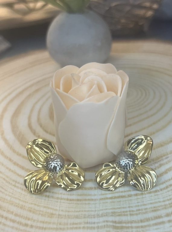 ✨ UShine.gr: Ατσάλινα Σκουλαρίκια Λουλούδι Δίχρωμα (Χρυσό & Ασημί) No 1423